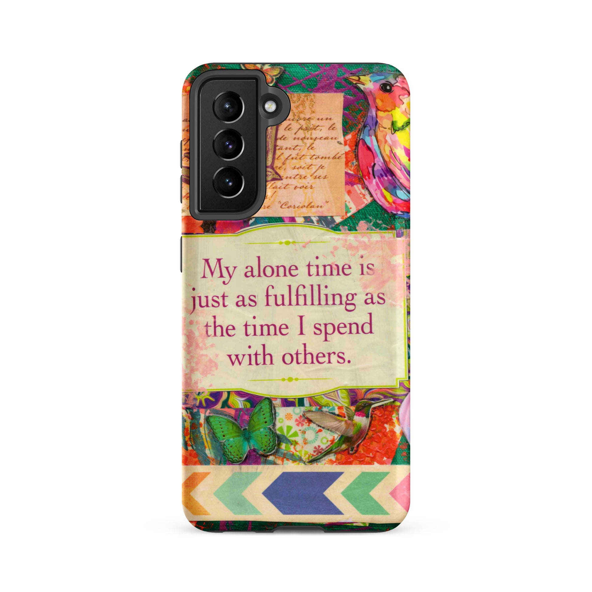 Colorful phone case with floral patterns and motivational quote on a white background