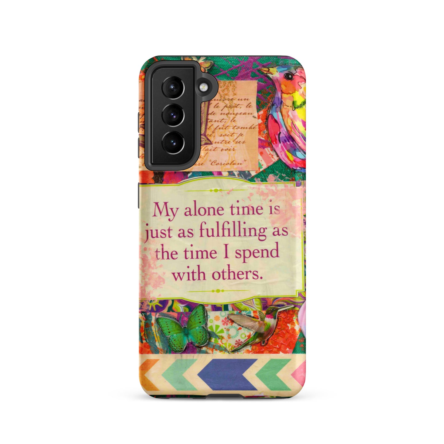 Colorful phone case with floral design and motivational quote on a white background
