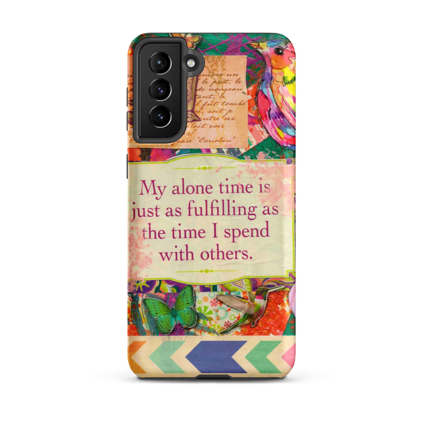 Phone case with colorful design and motivational quote on a white background