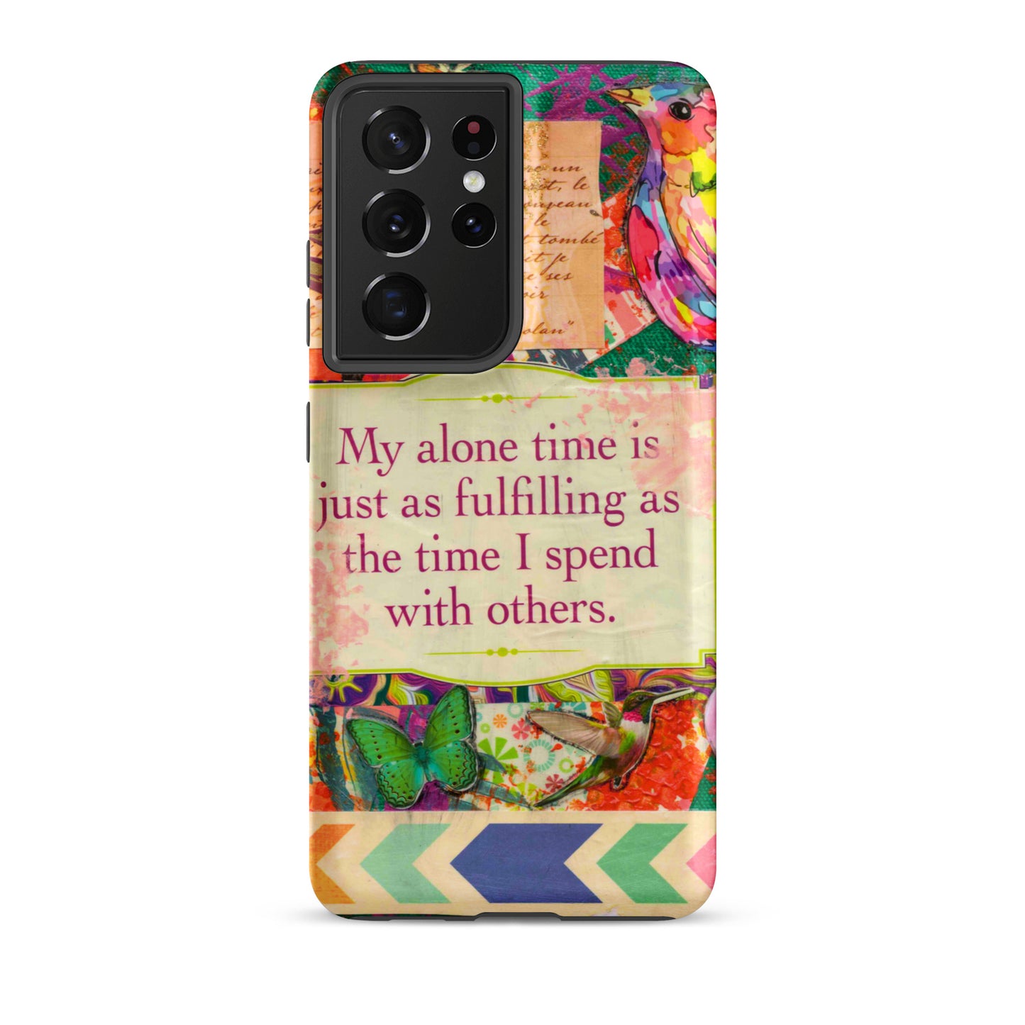 Phone case with colorful design and motivational quote on a white background