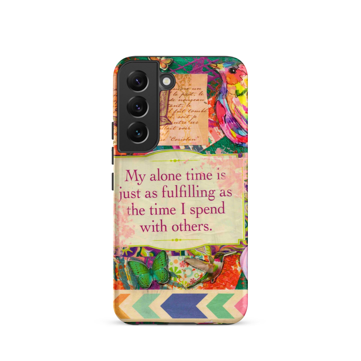 Colorful phone case with motivational quote on a white background
