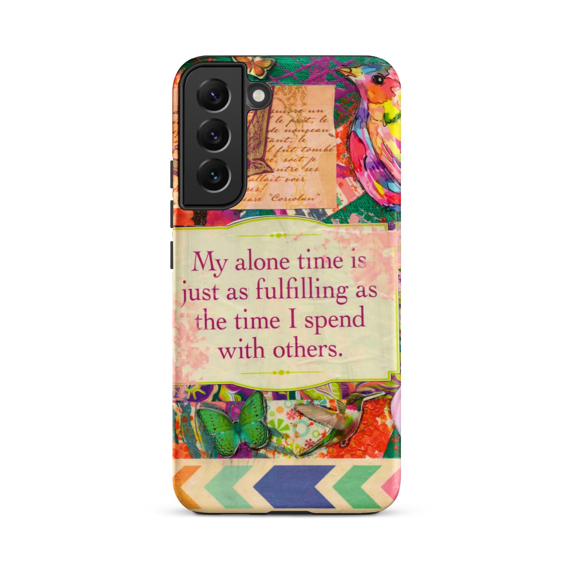 Colorful phone case with floral design and motivational quote on a white background