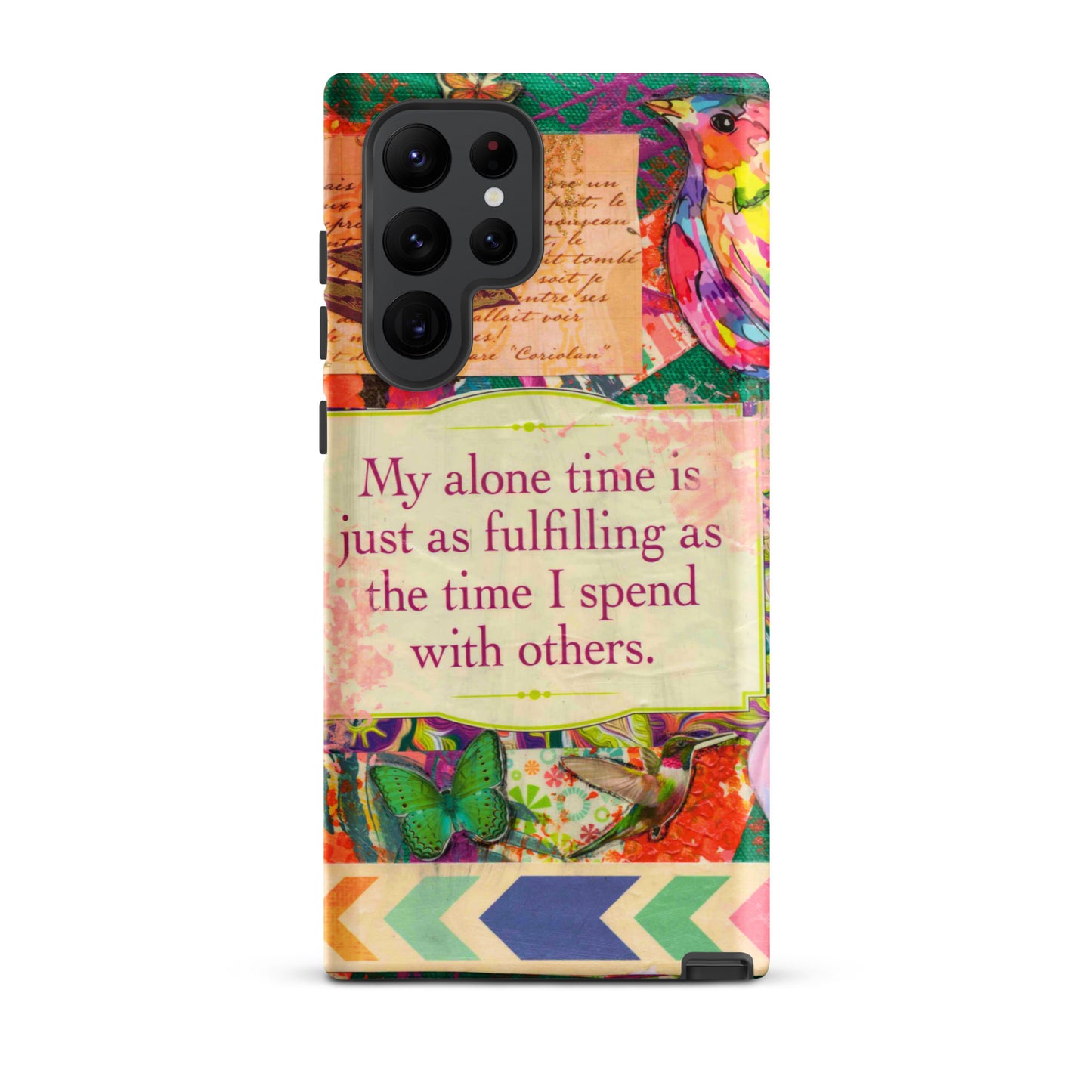 Phone case with colorful design and motivational quote on a white background