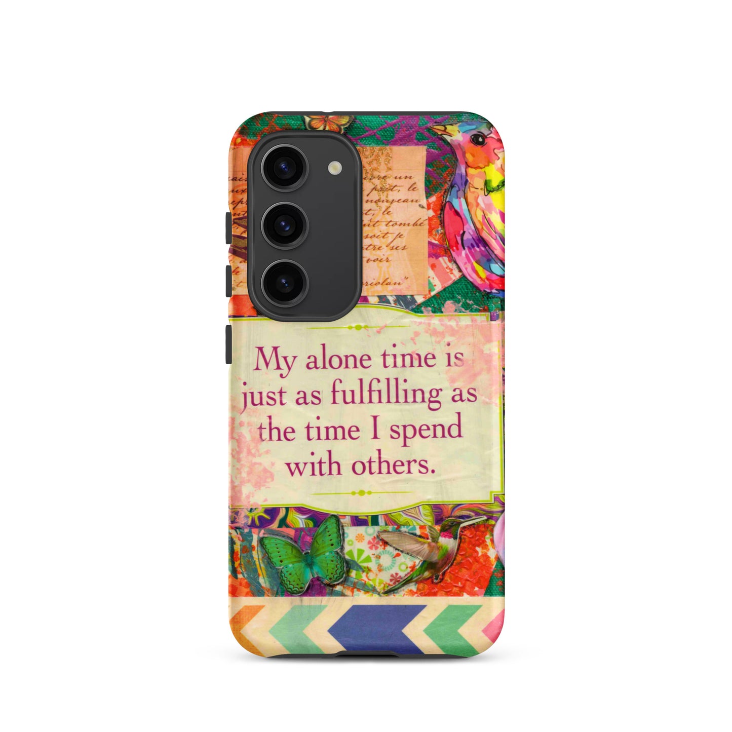 Colorful phone case with text and patterns on a white background