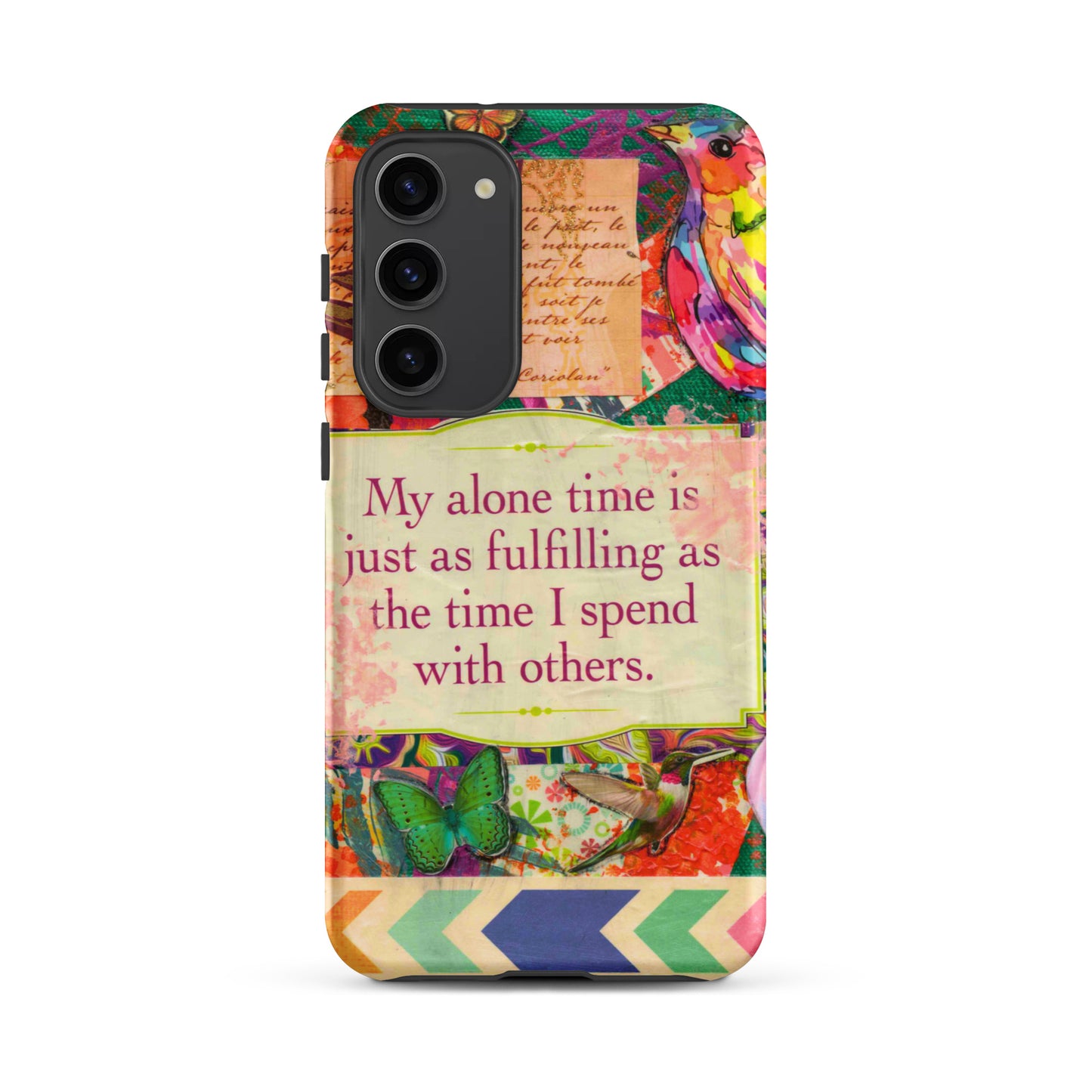 Colorful phone case with floral design and motivational quote on a white background