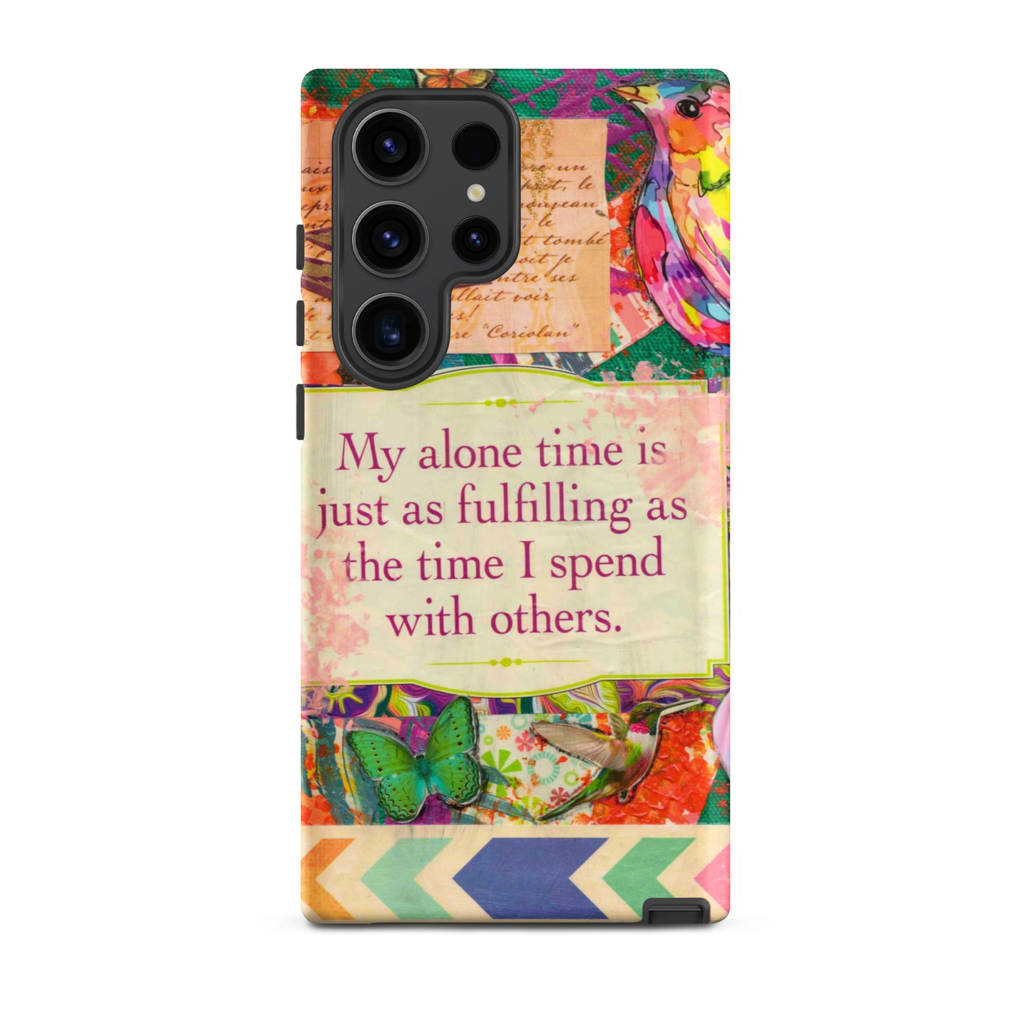 Colorful phone case with floral design and motivational quote on a white background