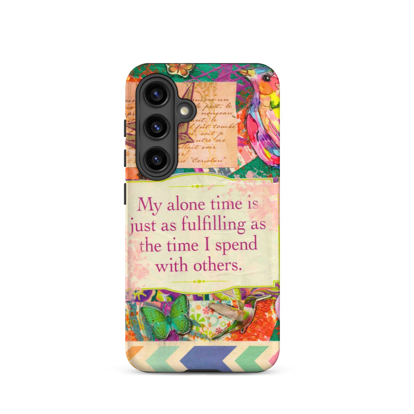 Phone case with colorful design and motivational quote on a white background