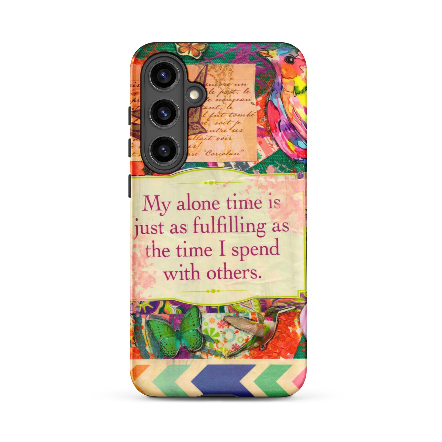 Colorful phone case with butterfly design and motivational quote on a white background