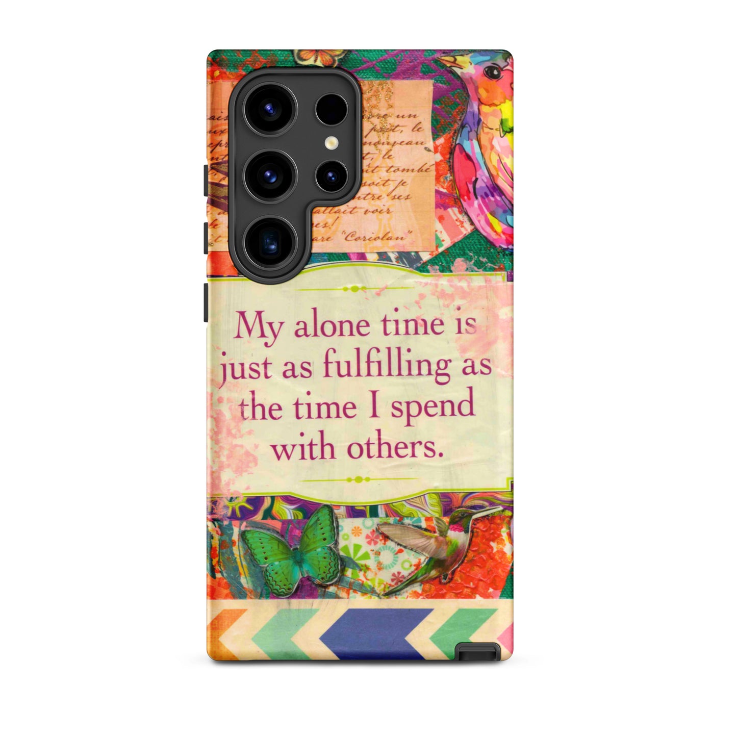 Phone case with colorful design and motivational quote on a white background