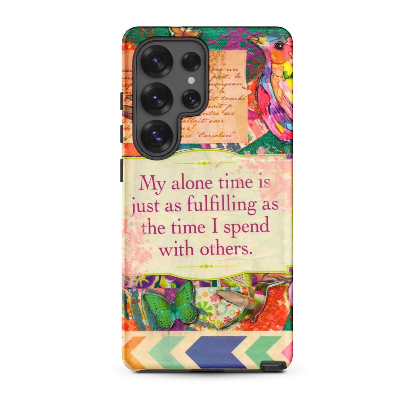 Phone case with colorful design and motivational quote on a white background