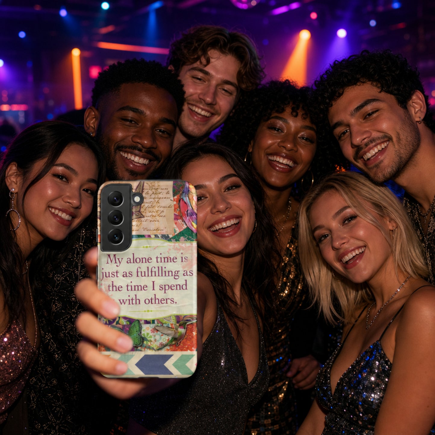Group of friends posing together at a nightclub with a person holding a phone, taking a selfie with a colorful case.