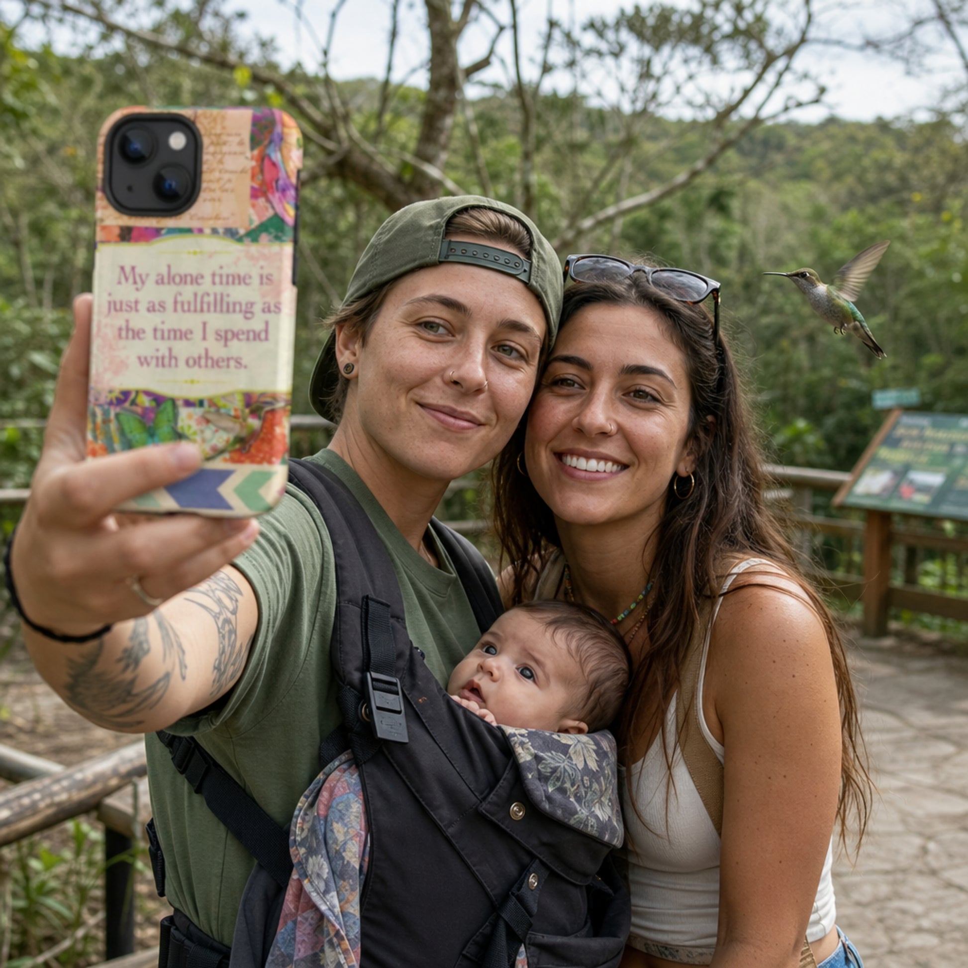 Two women taking a selfie  with a mixed media collage art covered phone with a baby in a carrier, surrounded by nature.