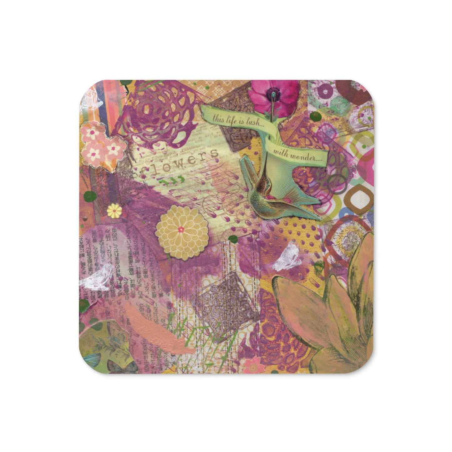 image of a drink coaster with an image of colorful mixed media art on it including flowers and hummingbird.