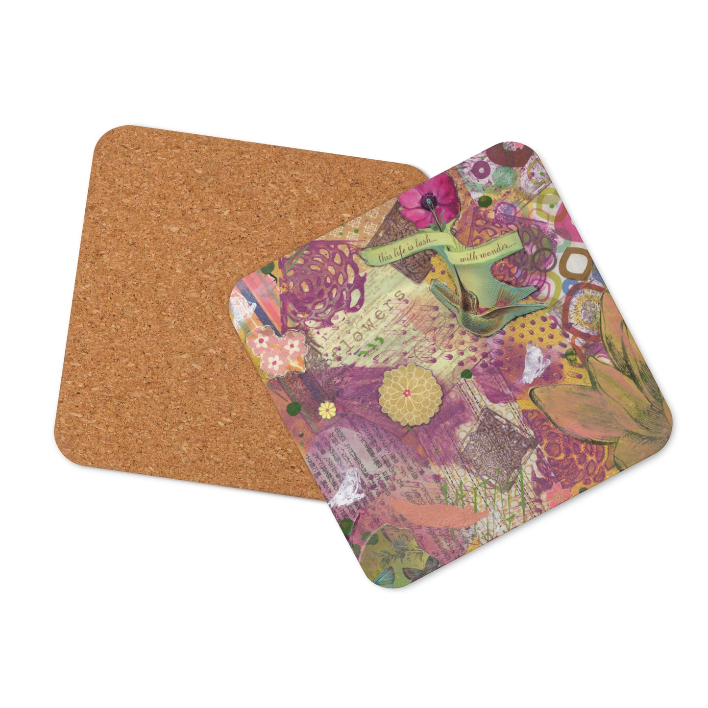 showing front of coaster with art on it and back of coaster with a cork non-skid finish.