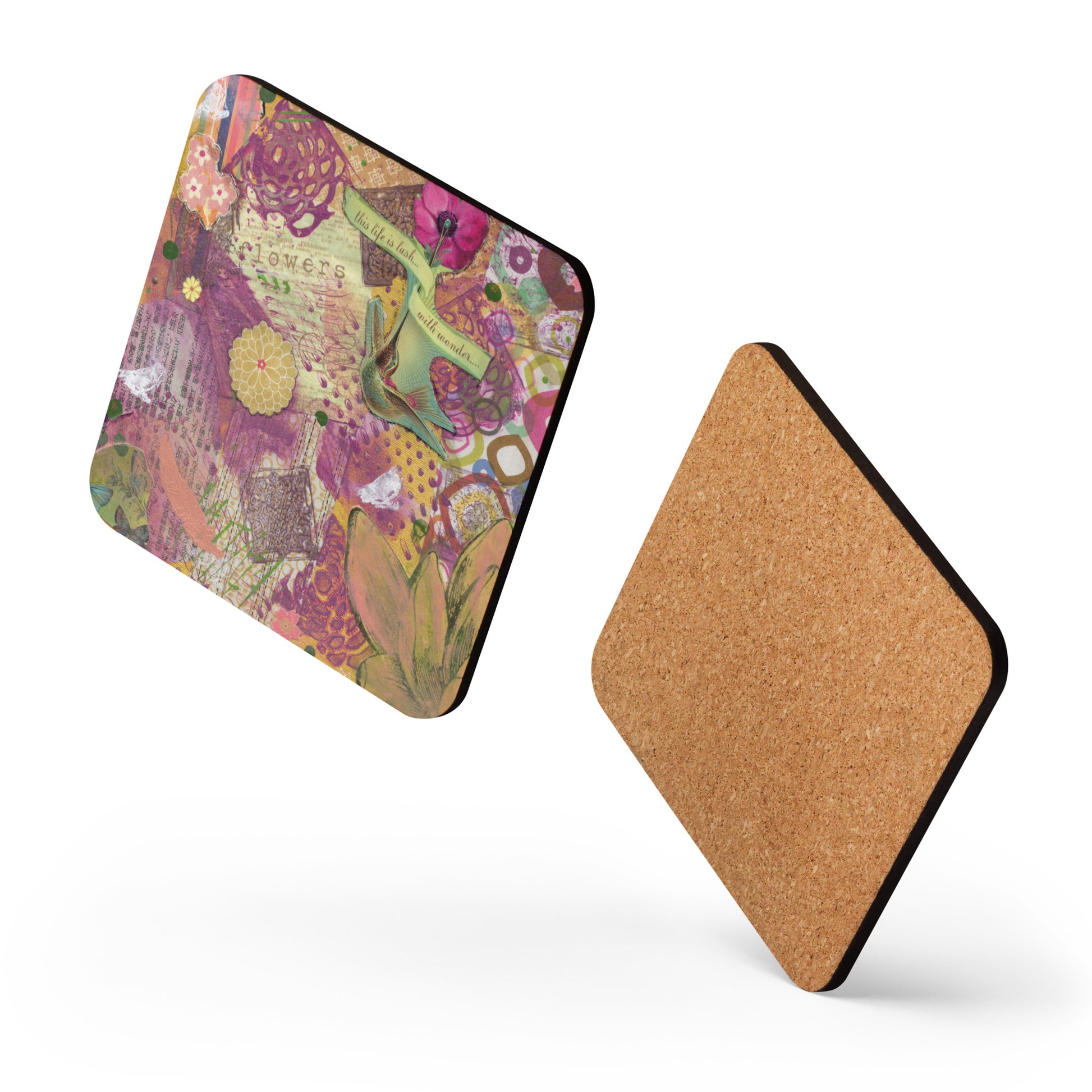 Sideview of square shaped art coasters showing art on one side, cork backing on other side.
