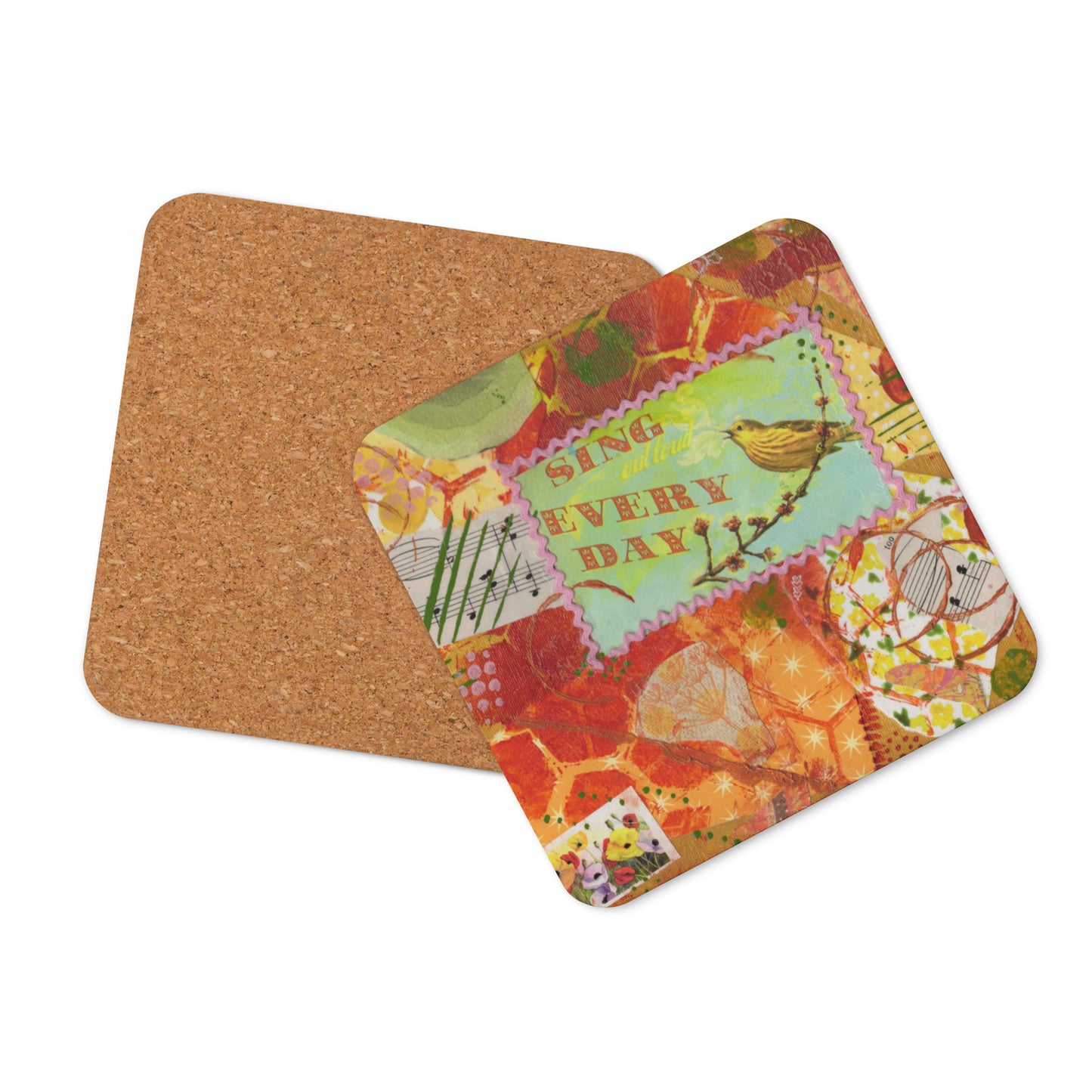 Shows front and back of the Daily Songs of a Bird Coaster.
