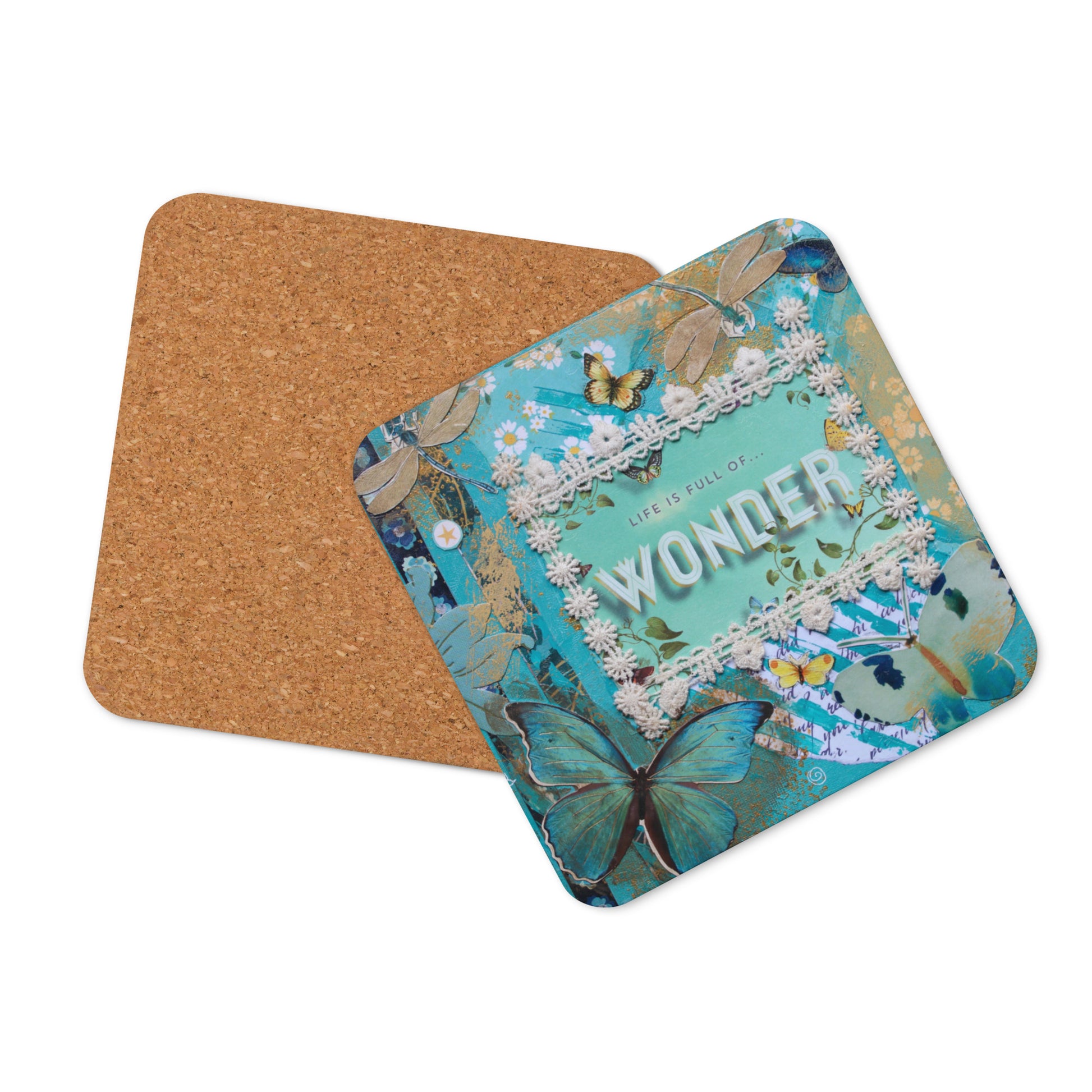 Image of Whimsical art coaster front and back shows design and cork bottom.