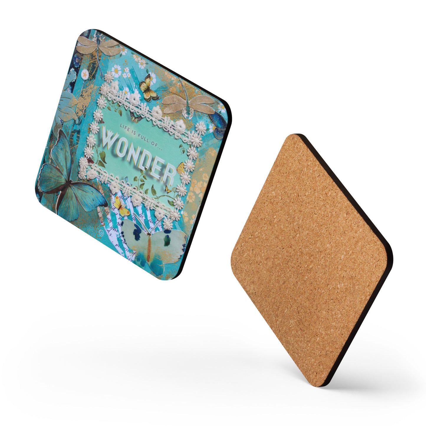 Image of coaster from the side view to show front design and cork backing.