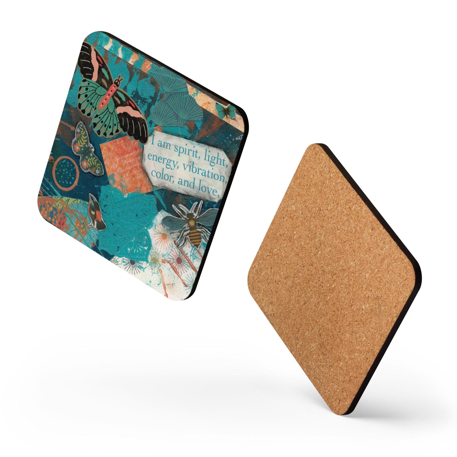 I Am Artwork coaster with a spiritual message about spirit, light, energy, vibration, color, and love. Image shows front art and cork back.