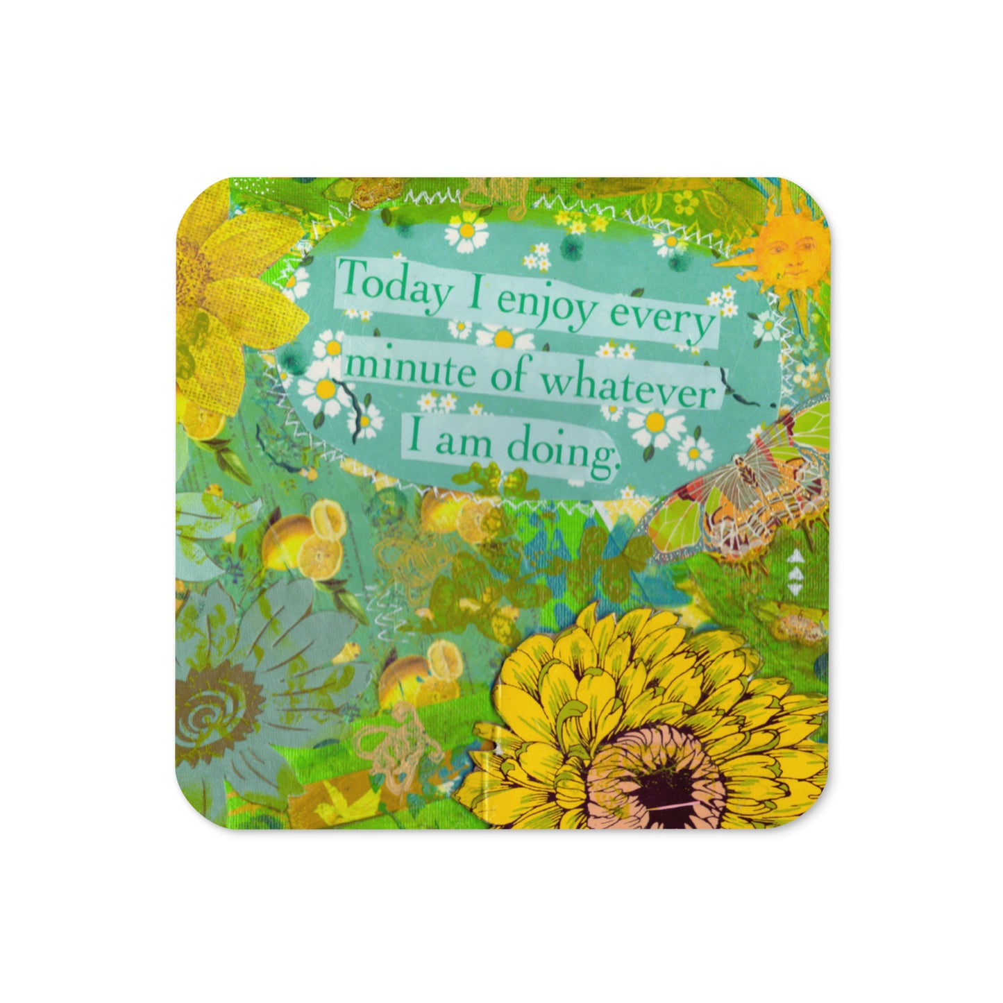 Sunny Disposition coaster with bright yellow flowers and sunshine-inspired positive art