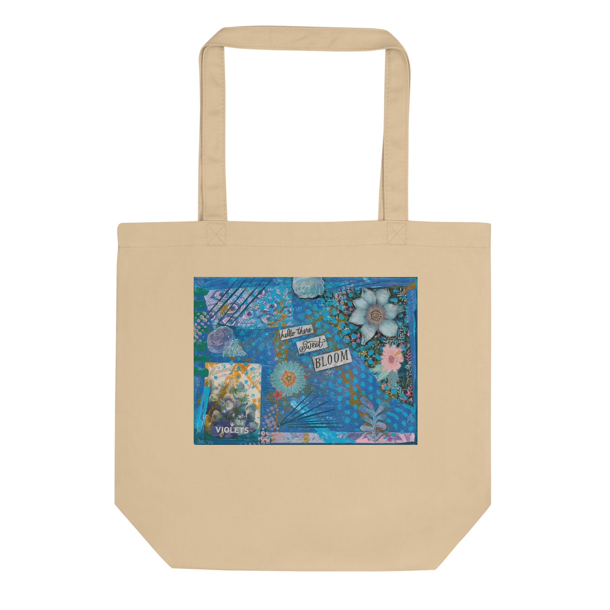 Natural Eco tote bag with a colorful floral design on the front, the design has a purple floral aesthetic and a quote says,  hello there sweet bloom