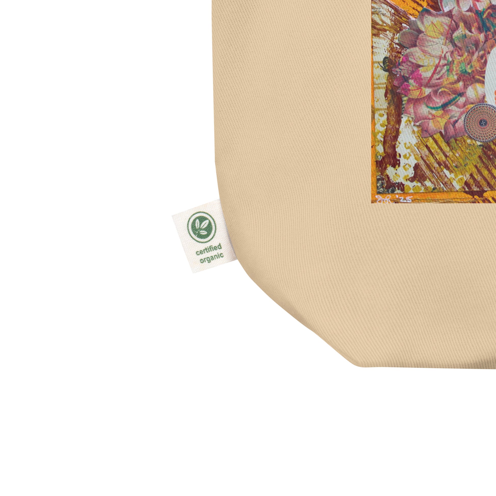 close up view of side tag of bee eco tote with honey bee art Product mockup