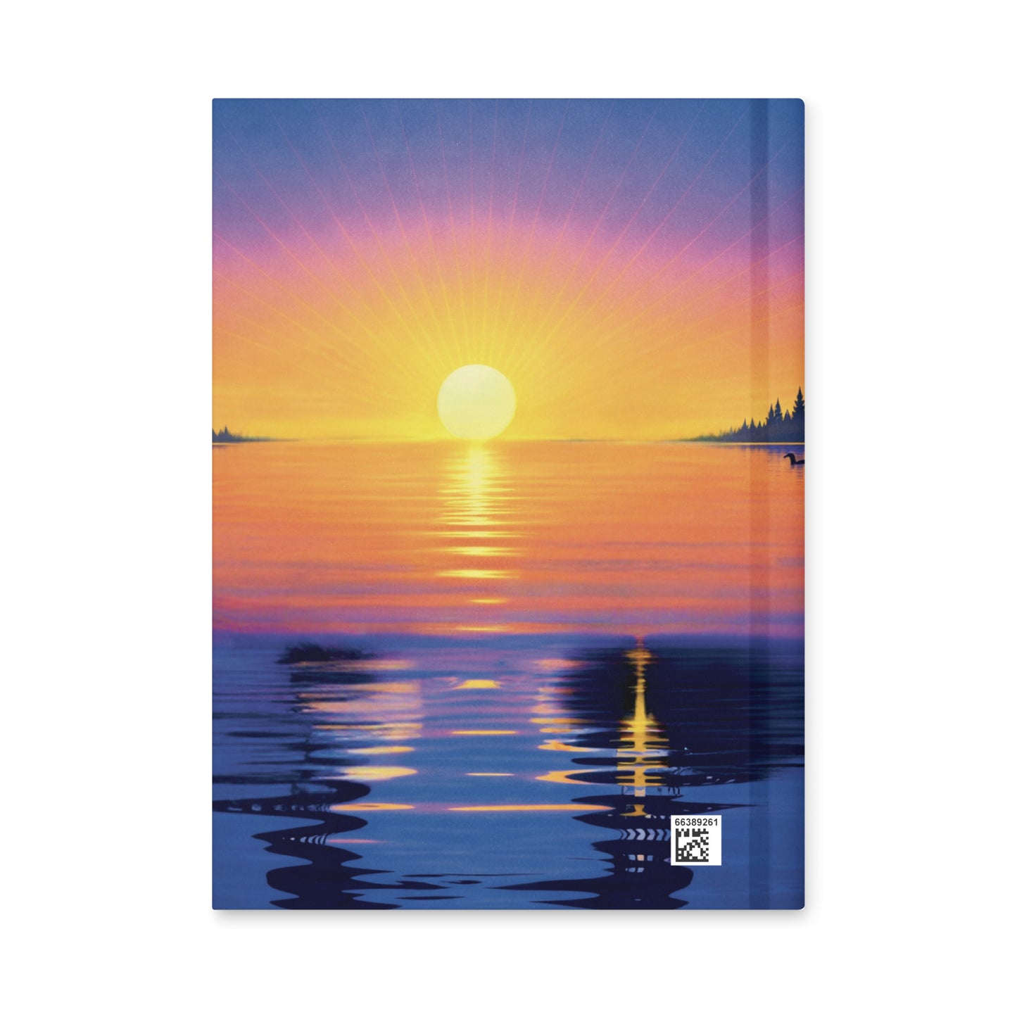image of the back cover of the sunrise loons hardcover journal with only the loons' reflections on the lake.