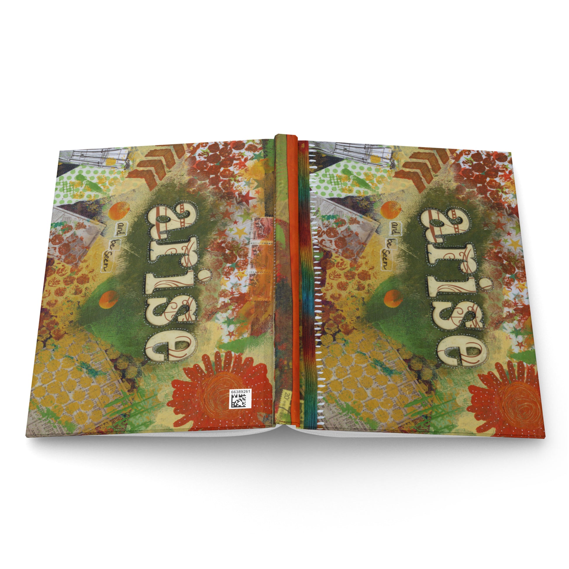 Colorful notebook with 'arise' text on a white background, opened and face down showing that both front and back are the same