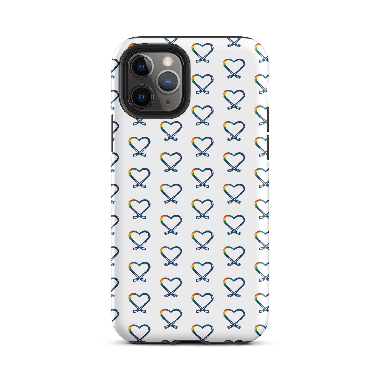Inclusive hockey rainbow heart logo pattern on an iPhone phone case, repeating across the background and inspired by a fictional kids’ hockey camp that supports mental health awareness.
