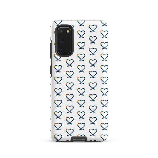 Inclusive hockey rainbow heart logo pattern on a Samsung phone case, repeating across the background and inspired by a fictional kids’ hockey camp that supports mental health awareness.

