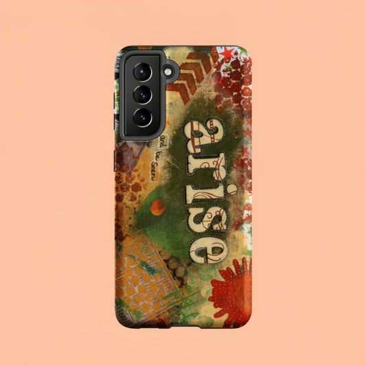 an image of the bold art phone case with colorful texture and text that says "arise and be seen".