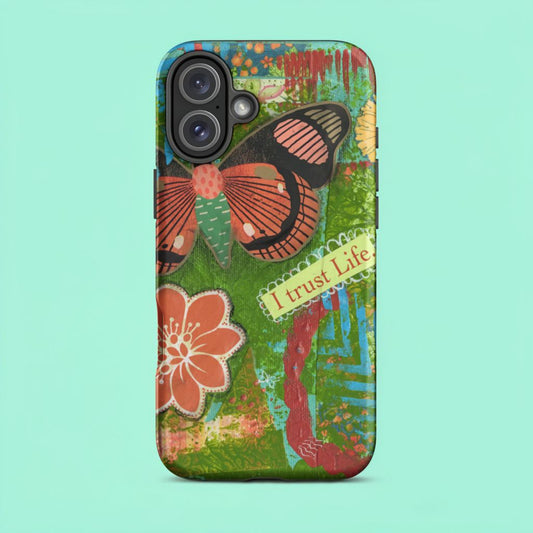 front view of Artistic Butterfly Phone Case for iPhones, with green, turquoise and rust colors and flowers.