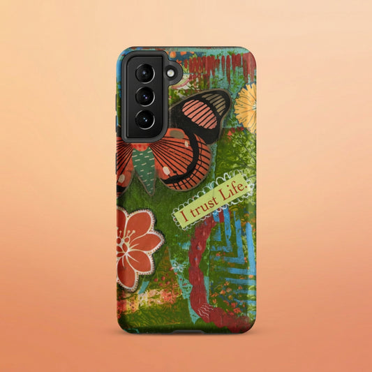 artistic phone case with butterfly and flowers rust orange turquoise
