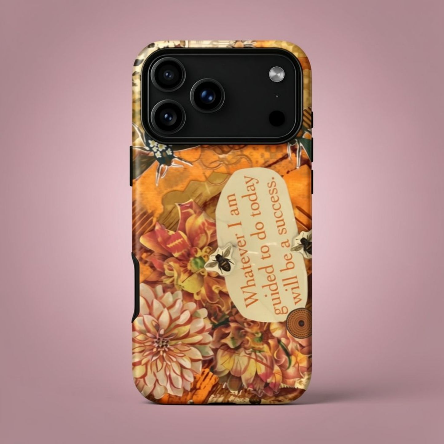 bee phone case for iPhone with honey bee artwork, autumnal design, flowers, and motivational quote on a pink background
