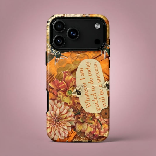 bee phone case for iPhone with honey bee artwork, autumnal design, flowers, and motivational quote on a pink background