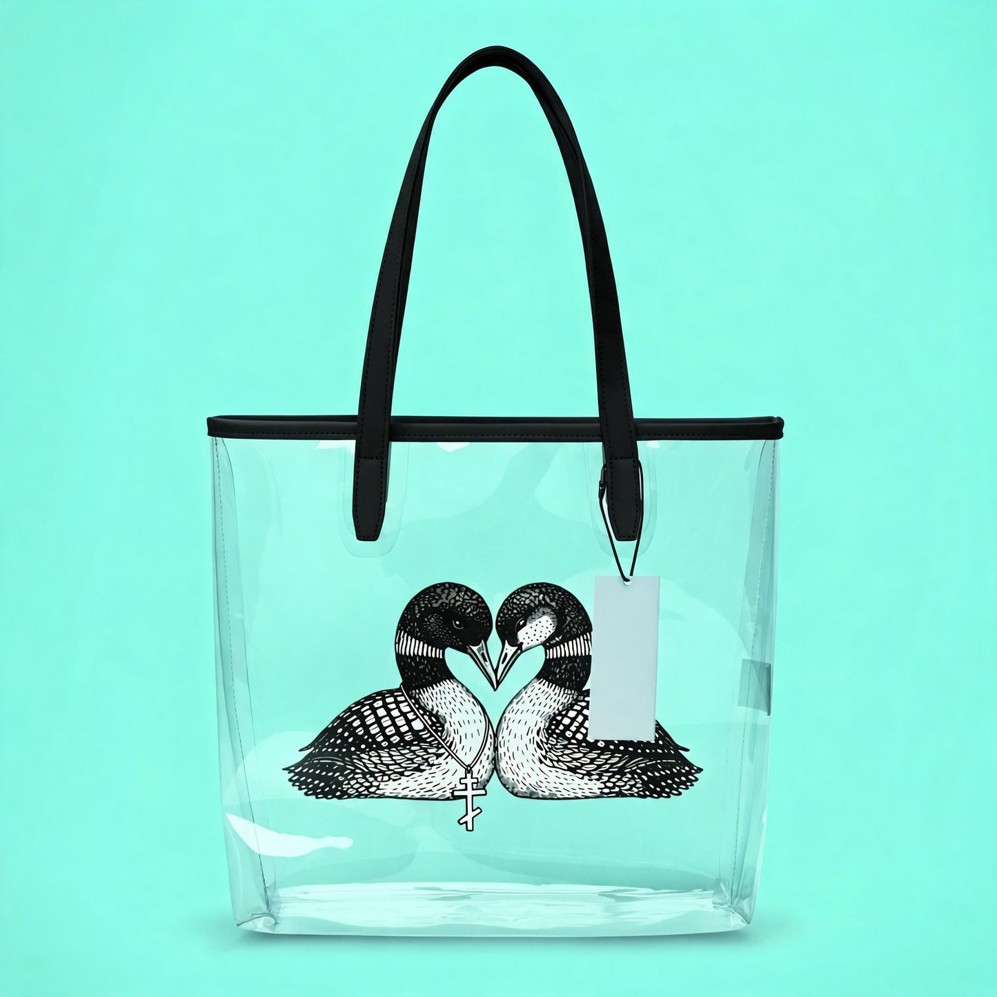 black and white loons heart tpu clear tote bag placed in front of a light aqua background. Clear bag has a image of two loons with beaks together forming a heart.