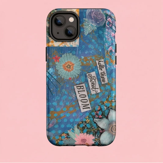 An front image of the blue floral phone case with hello there sweet bloom quote
