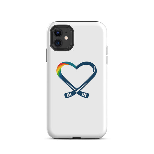 Inclusive hockey rainbow heart logo on an iPhone phone case, centered on a clean background and inspired by a fictional kids’ hockey camp that supports mental health awareness.
