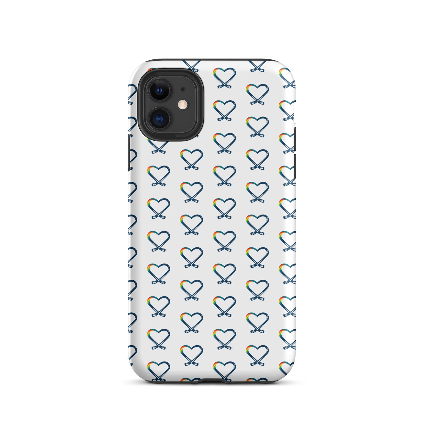 Inclusive hockey rainbow heart logo pattern on an iPhone phone case, repeating across the background and inspired by a fictional kids’ hockey camp that supports mental health awareness.
