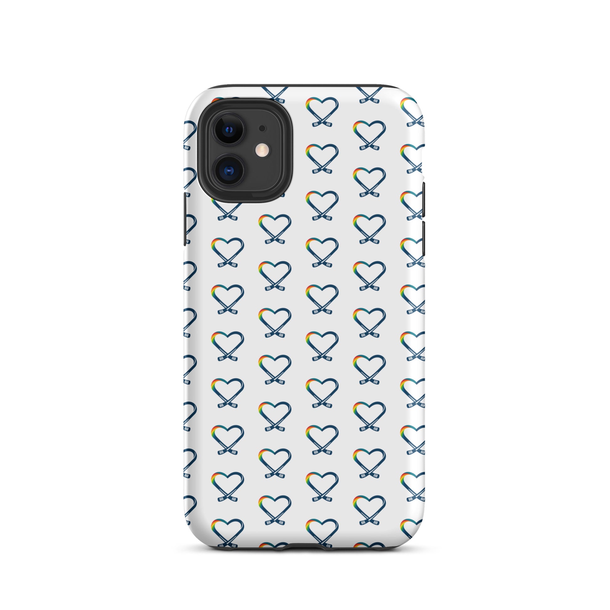 Inclusive hockey rainbow heart logo pattern on an iPhone phone case, repeating across the background and inspired by a fictional kids’ hockey camp that supports mental health awareness.
