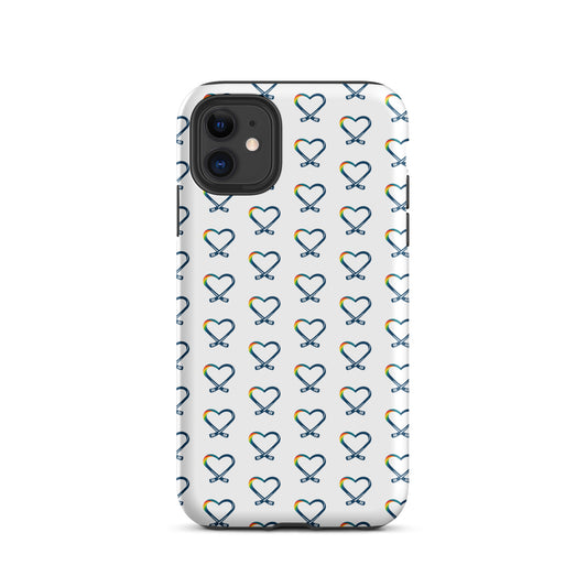 Inclusive hockey rainbow heart logo pattern on an iPhone phone case, repeating across the background and inspired by a fictional kids’ hockey camp that supports mental health awareness.
