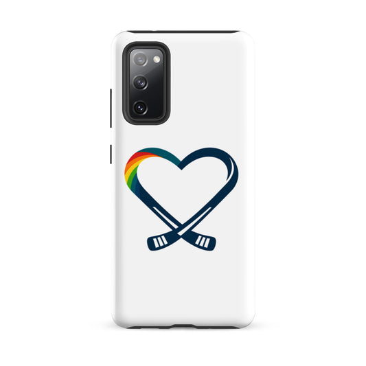 Inclusive hockey rainbow heart logo on a Samsung phone case, centered on a clean background and inspired by a fictional kids’ hockey camp that supports mental health awareness.
