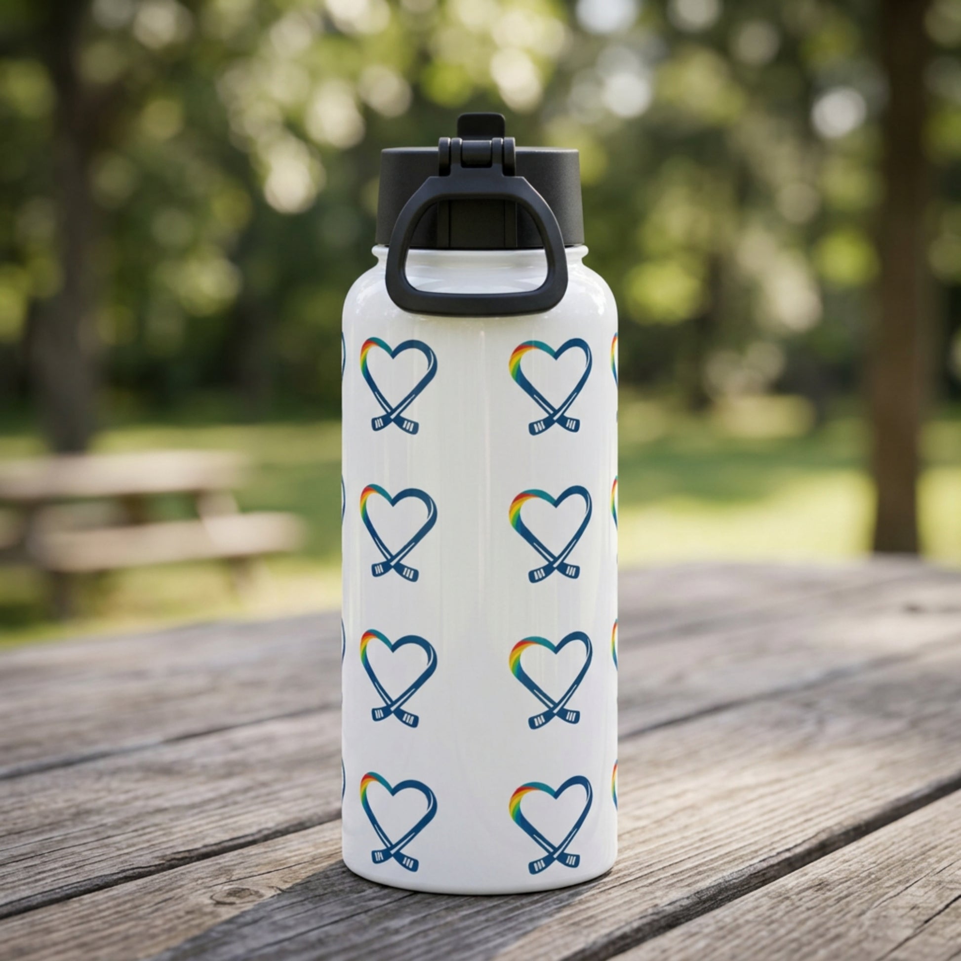 White bottle with inclusive hockey logo with 2 hockey sticks that create a heart shape, with rainbow stripes with additional teal color for mental health awareness.