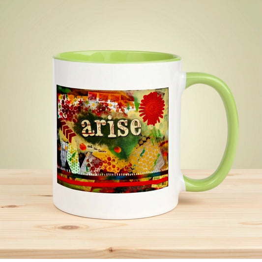 Inspirational coffee mug Arise and Be Seen 11 oz double sided, Artwork side, green interior and handle
