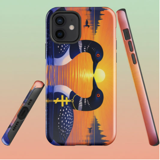 Two symbolic loons on a bird aesthetic phone case, representing the two main characters with distinctive features in a nature-inspired romantic design. image shows front view plus side and bottom view of cover.
