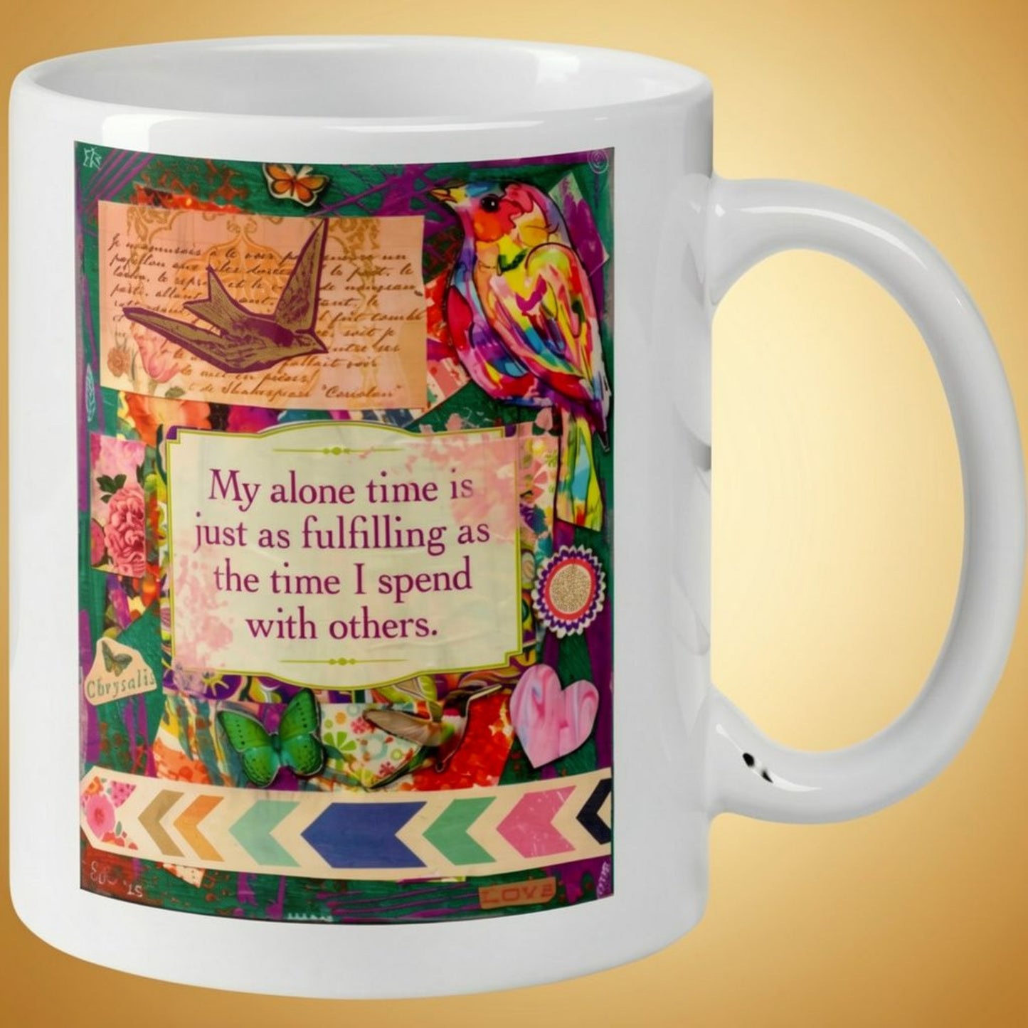 Double-sided colorful coffee mug with rainbow birds, butterflies, marbled heart + self-love mantra