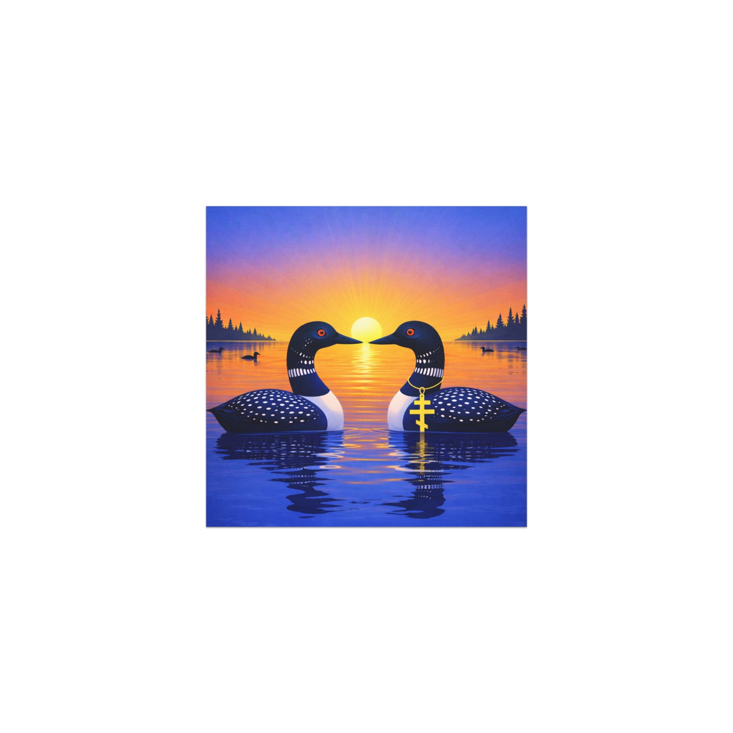 Colorful 5x5 sunrise loon car magnet showing two symbolic loons floating on a lake at sunrise, inspired by the two main characters in a popular hockey romance book series.
