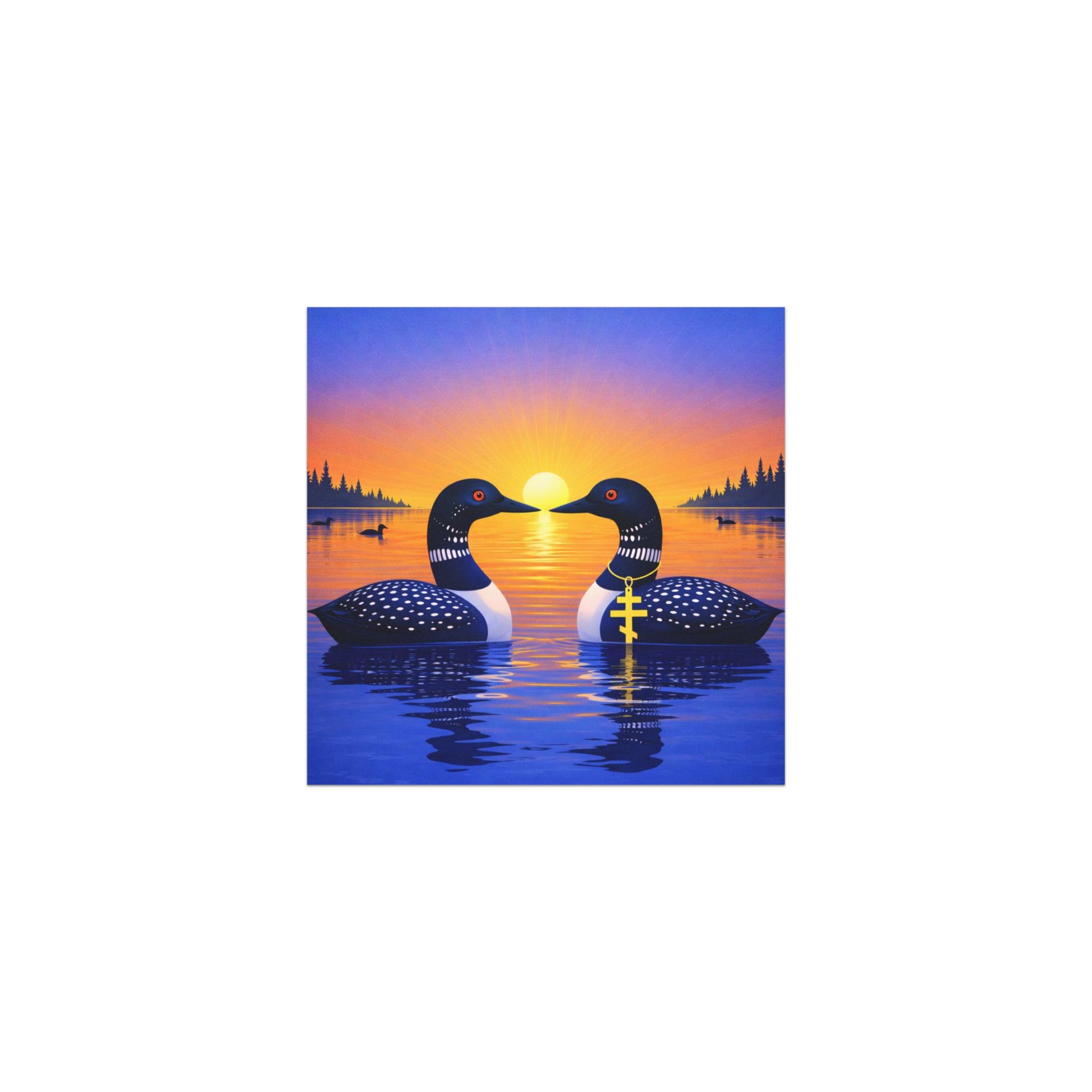 Colorful 5x5 sunrise loon car magnet showing two symbolic loons floating on a lake at sunrise, inspired by the two main characters in a popular hockey romance book series.
