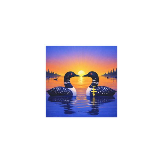 Colorful 5x5 sunrise loon car magnet showing two symbolic loons floating on a lake at sunrise, inspired by the two main characters in a popular hockey romance book series.
