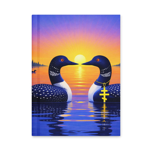 Sunrise loons lake reflection hardback journal cover with two loons facing each other on a lake with the sunrise in the  background